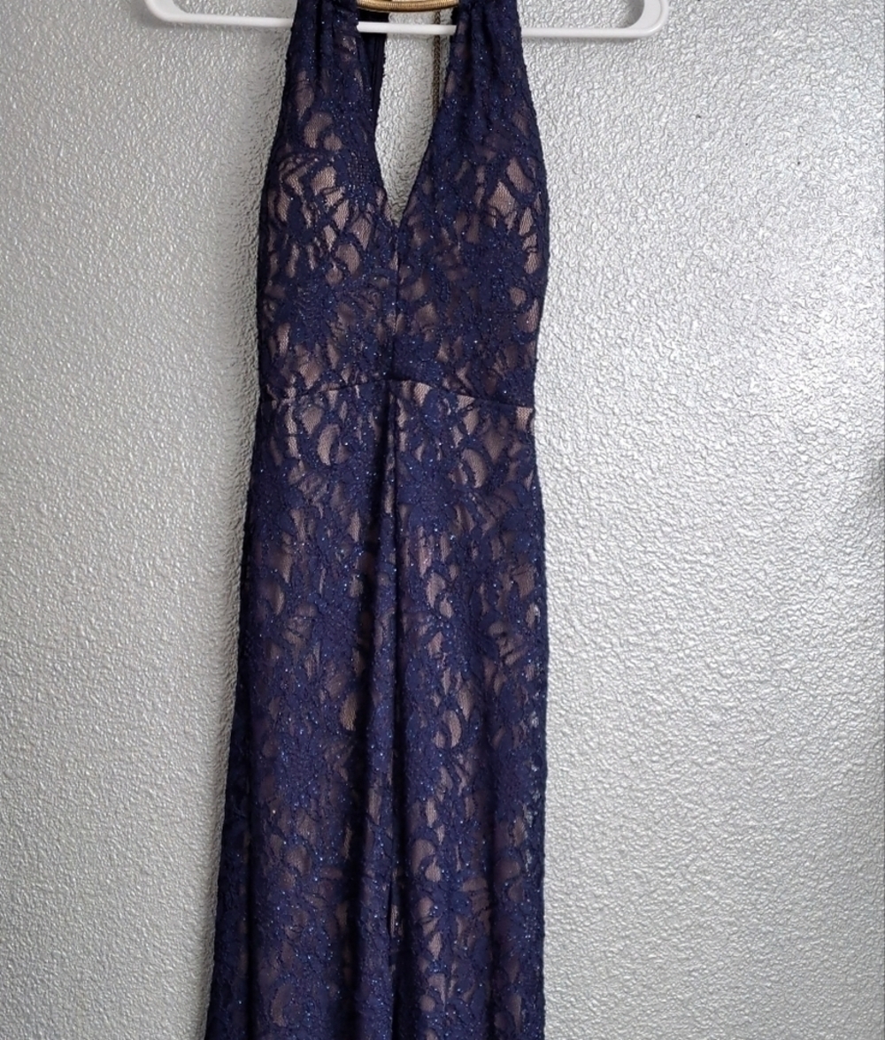 B.Darlin Blue Sparkly Lace Halter Dress With Gold Necklace Closure Size 1/2